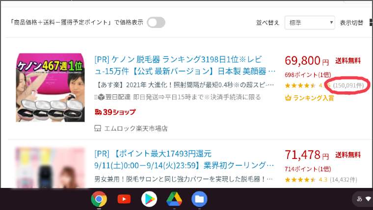 楽天市場のケノンのレビュー数は「150,091件」